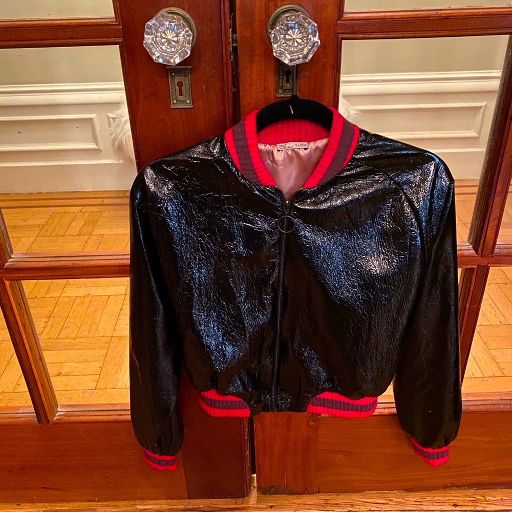 Zara Patent Crop Baseball Jacket